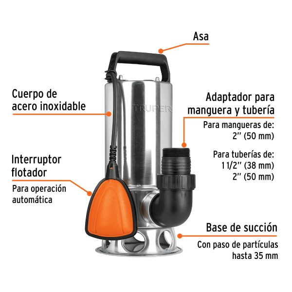 BOMBA SUMERGIBLE METALICA PARA AGUA SUCIA 1 - 1/2 HP TRUPER - Imagen 2