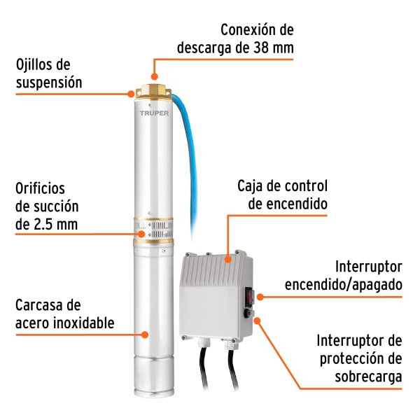 BOMBA SUMERGIBLE PARA POZO PROFUNDO 1 HP AGUA LIMPIA TRUPER - Imagen 2