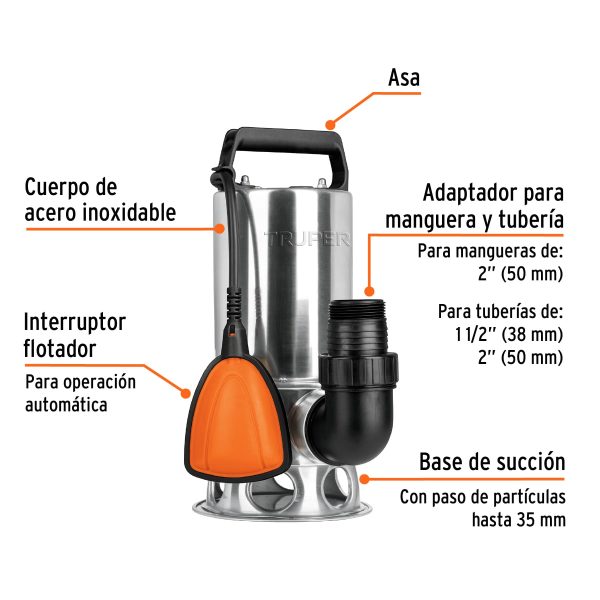 BOMBA SUMERGIBLE METALICA PARA AGUA SUCIA 1 HP TRUPER - Imagen 2