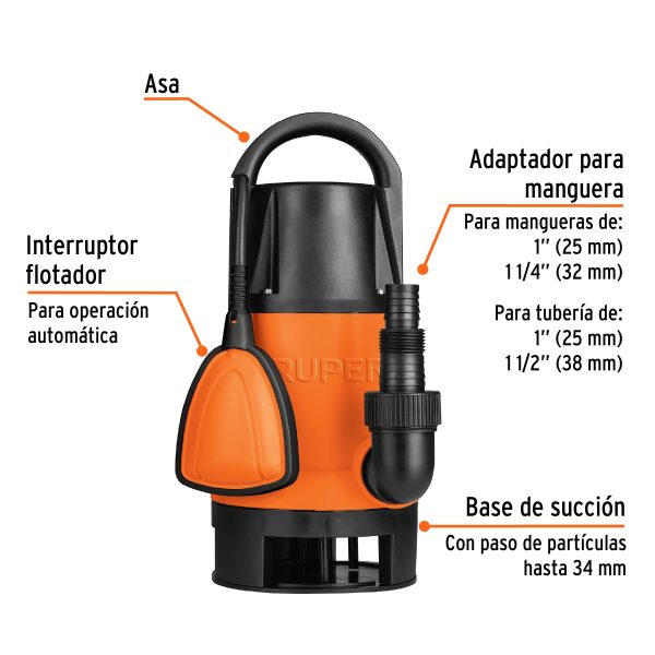 BOMBA SUMERGIBLE PLASTICA PARA AGUA SUCIA 1 HP TRUPER - Imagen 2