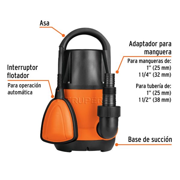 BOMBA SUMERGIBLE PLASTICA PARA AGUA LIMPIA 3/4 HP TRUPER - Imagen 2