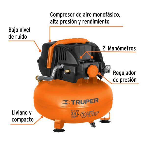 COMPRESOR LIBRE DE ACEITE COMPACTO 24 L 2-2/3 HP 127 V TRUPER - Imagen 2
