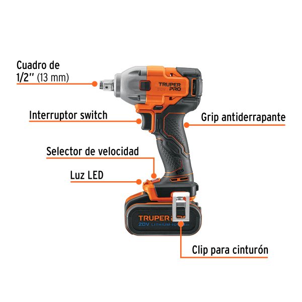 LLAVE DE IMPACTO INALAMBRICA 1/2" 20 V PROFESIONAL TRUPER - Imagen 2
