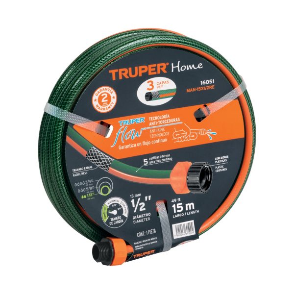 MANGUERA REFORZADA 3 CAPAS 1/2" CON CONEXIONES X 15 METROS TRUPER