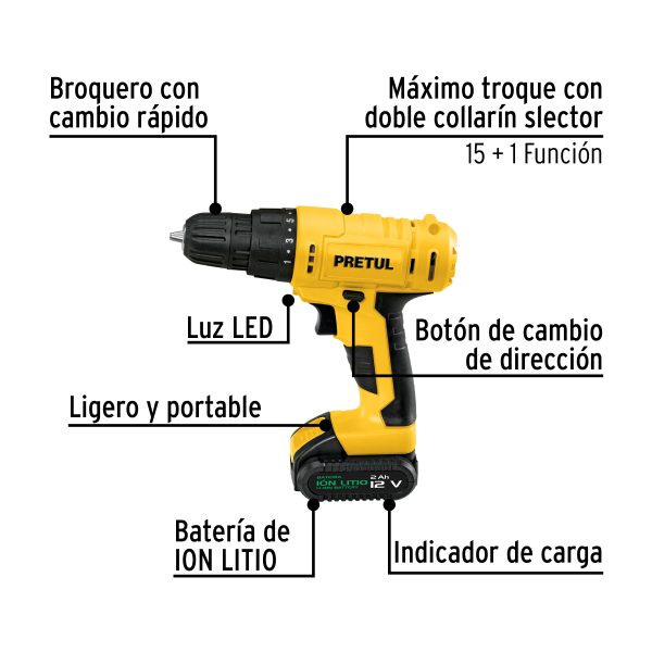 TALADRO INALAMBRICO 3/8" 12 V PRETUL - Imagen 2
