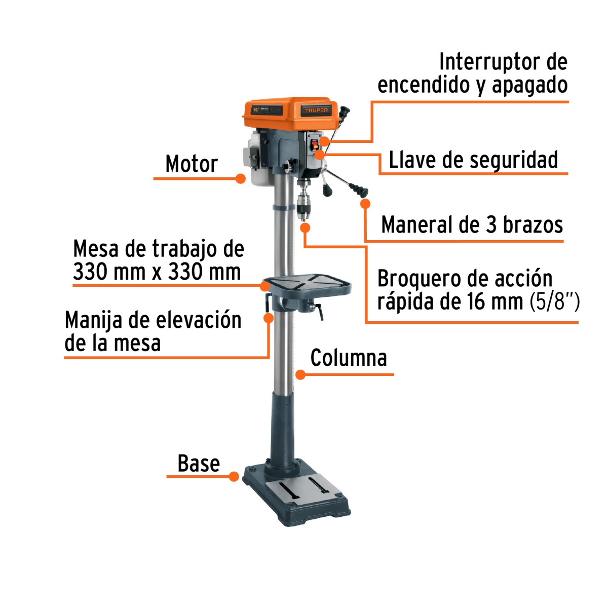TALADRO DE BANCO 15" DE 750 W (1 HP) MANDRIL DE 5/8" TRUPER - Imagen 2