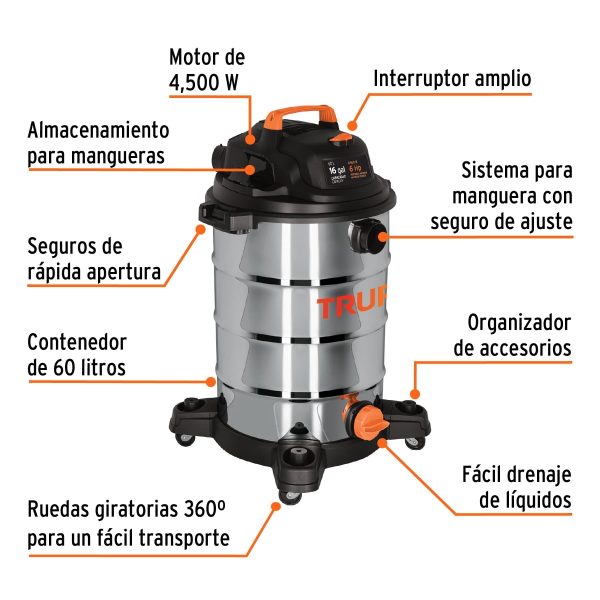 ASPIRADORA DE SOLIDOS Y LIQUIDOS 16 GALONES ACERO INOXIDABLE TRUPER - Imagen 2