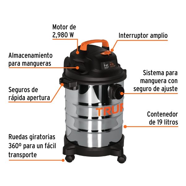ASPIRADORA DE SOLIDOS Y LIQUIDOS 5 GALONES ACERO INOXIDABLE TRUPER - Imagen 2