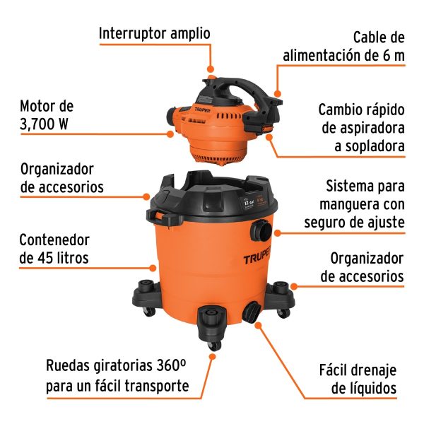 ASPIRADORA/SOPLADORA DE SOLIDOS Y LIQUIDOS 12 GALONES TRUPER - Imagen 2