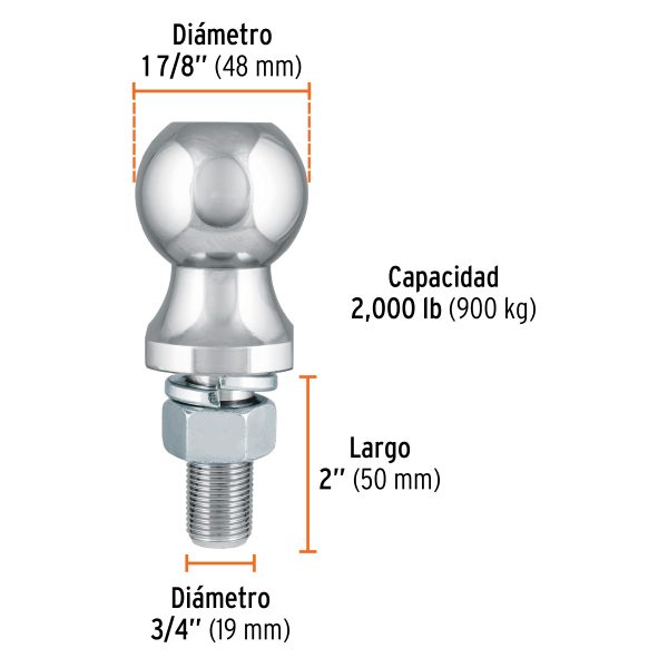 ACOPLE + BOLA DE ARRASTRE PARA REMOLQUE 1-7/8" 2000 LB TRUPER - Imagen 3