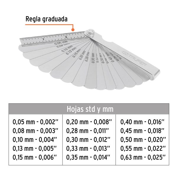 CALIBRADOR DE BUJIAS Y VALVULAS 15 HOJAS STD / MM TRUPER - Imagen 2