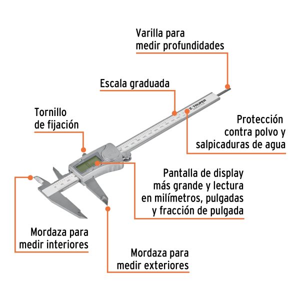 CALIBRADOR PIE DE REY DIGITAL 6" ACERO INOX STD Y MM TRUPER - Imagen 2