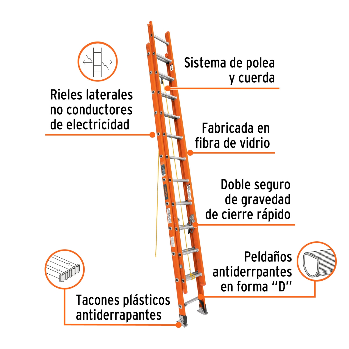 ESCALERA DE EXTENSION TIPO II 24 PELDAÑOS FIBRA DE VIDRIO TRUPER - Imagen 2