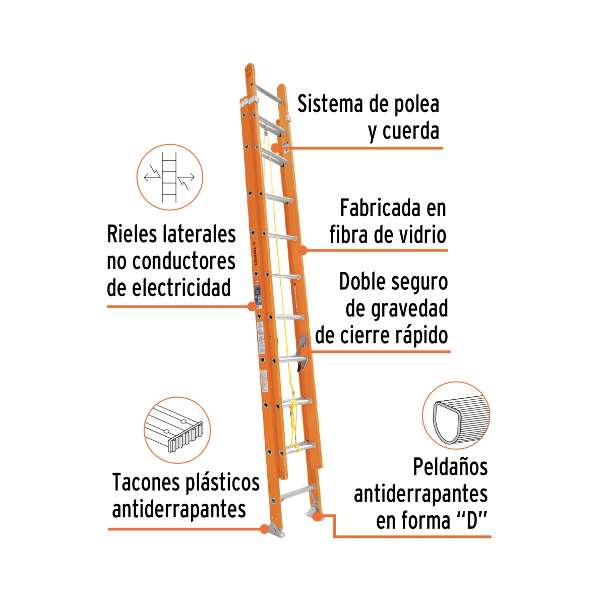 ESCALERA DE EXTENSION TIPO II 28 PELDAÑOS FIBRA DE VIDRIO TRUPER - Imagen 2