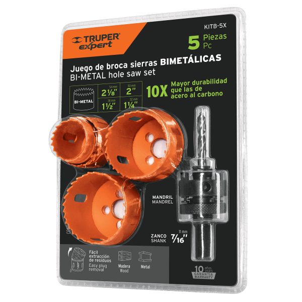 JUEGO DE 4 BROCASIERRAS BIMETALICAS Y 1 MANDRIL TRUPER EXPERT