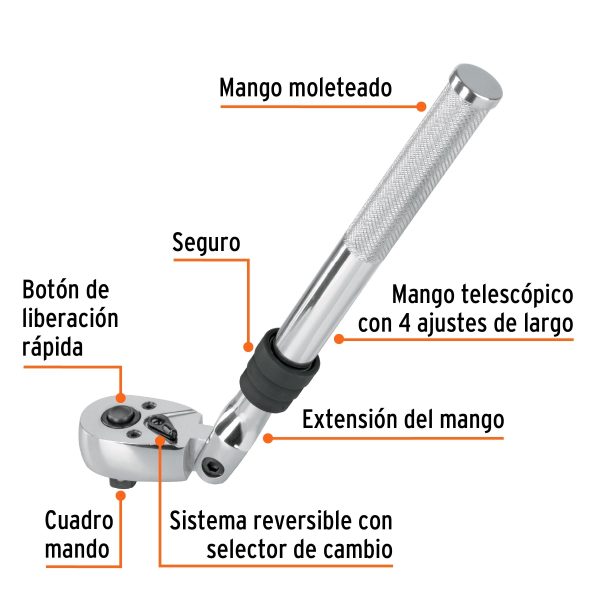 RATCHET MANDO 3/8" TELESCOPICA DE 14" CON CABEZA ARTICULADA TRUPER - Imagen 2