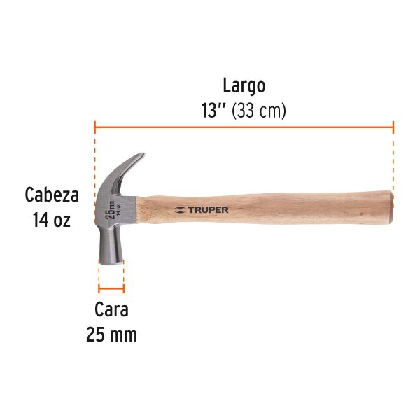 MARTILLO CABEZA CONICA 25 MM UÑA CURVA MANGO MADERA TRUPER - Imagen 2