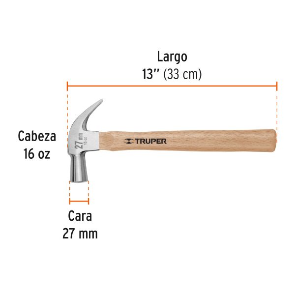 MARTILLO CABEZA CONICA 27 MM UÑA CURVA MANGO MADERA TRUPER - Imagen 2