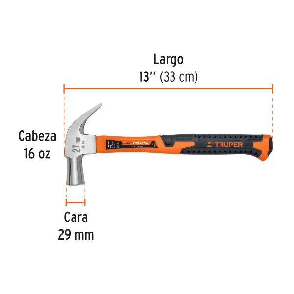 MARTILLO CABEZA CONICA 27 MM UÑA CURVA MANGO FIBRA VIDRIO TRUPER - Imagen 2