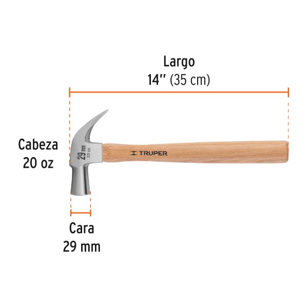 MARTILLO CABEZA CONICA 29 MM UÑA CURVA MANGO MADERA TRUPER - Imagen 2
