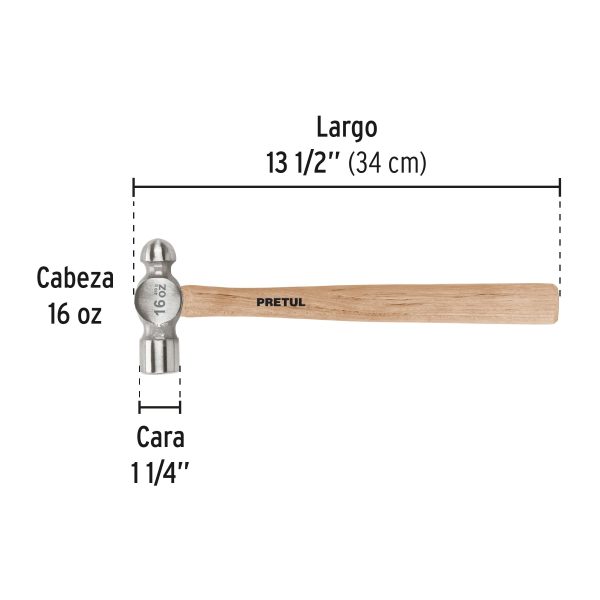 MARTILLO PULIDO DE BOLA 16 OZ MANGO MADERA PRETUL - Imagen 2