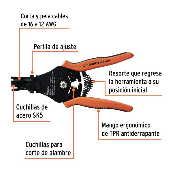PINZA 6" PELA CABLES AUTOMATICA 16 A 12 AWG TRUPER EXPERT - Imagen 2