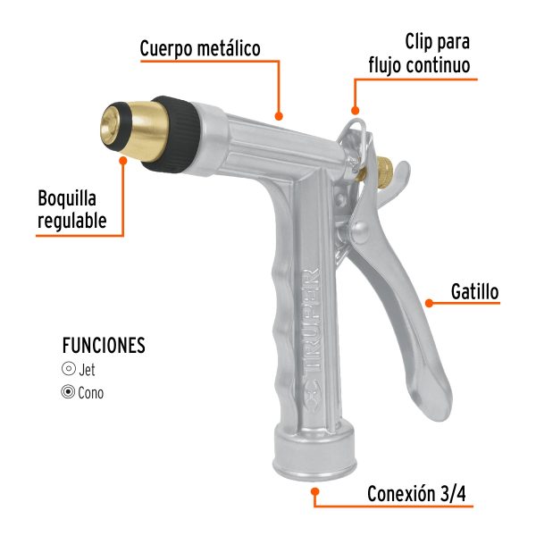 PISTOLA PARA RIEGO 2 FUNCIONES METALICA BOQUILLA REGULABLE TRUPER - Imagen 2