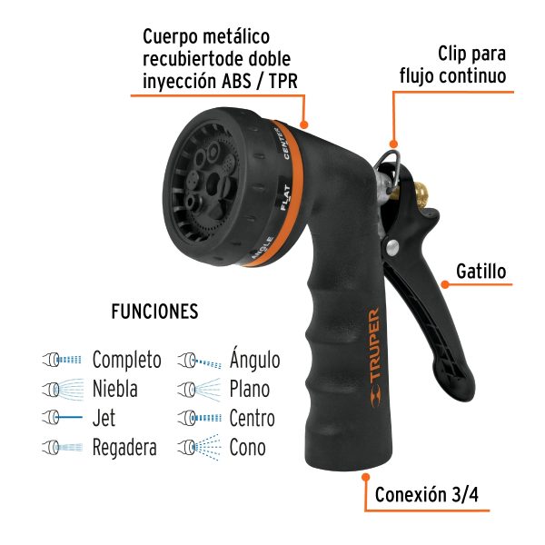 PISTOLA METALICA PARA RIEGO CON RECUBRIMIENTO 8 FUNCIONES TRUPER - Imagen 2