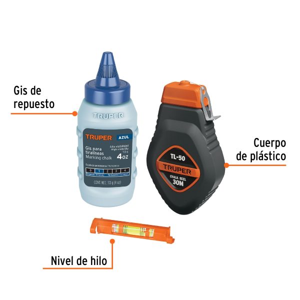 TIRALINEAS PLASTICO CON GIS Y NIVEL 30 M (100 FT) TRUPER - Imagen 2