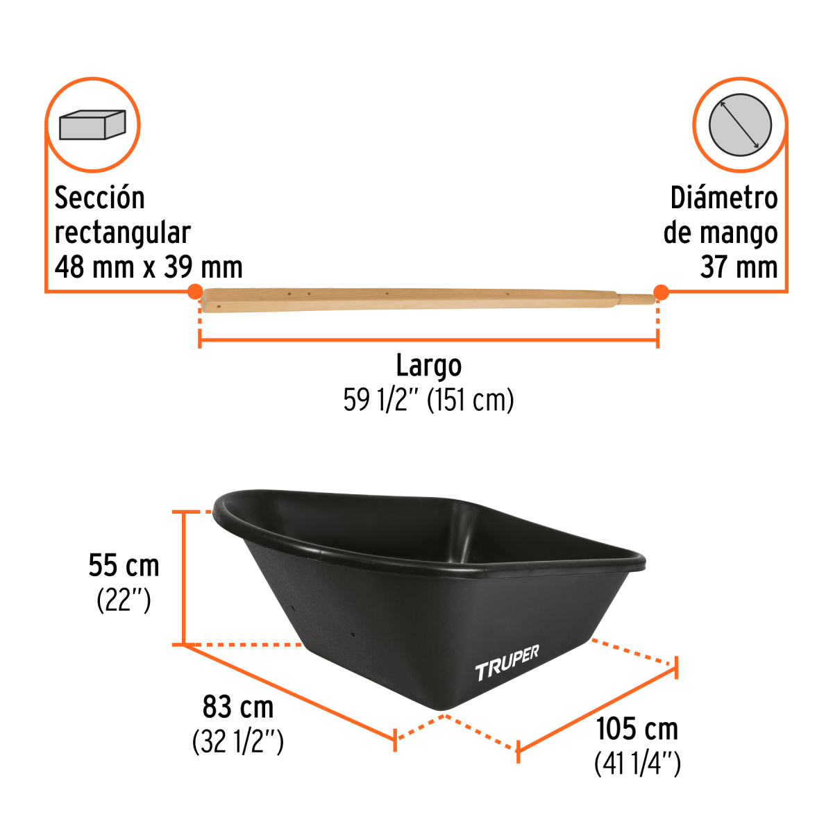 CARRETILLA PLASTICA 8 FT3 DOBLE RUEDA MANGOS DE MADERA TRUPER - Imagen 2