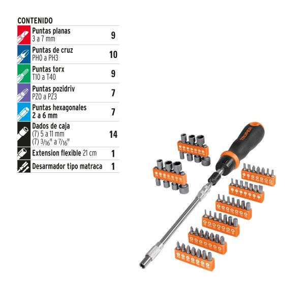 DESTORNILLADOR TIPO RATCHET CON 42 PUNTAS 14 COPAS Y EXTENSION TRUPER - Imagen 3