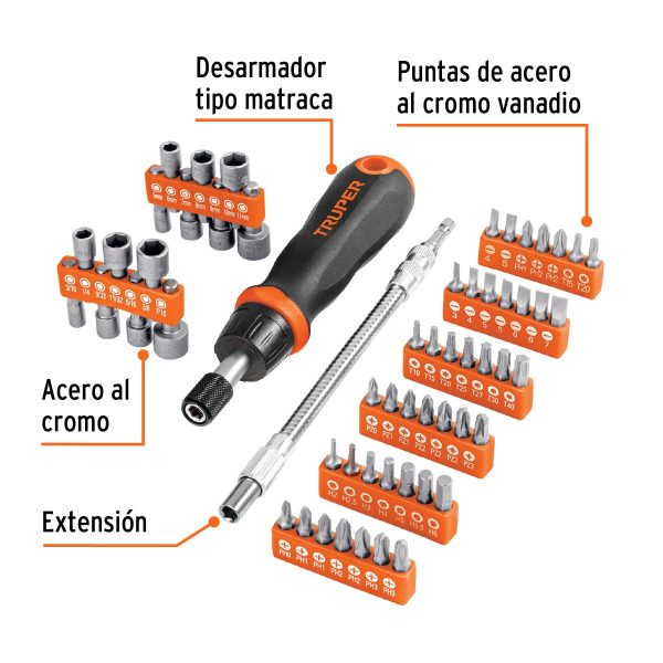 DESTORNILLADOR TIPO RATCHET CON 42 PUNTAS 14 COPAS Y EXTENSION TRUPER - Imagen 2