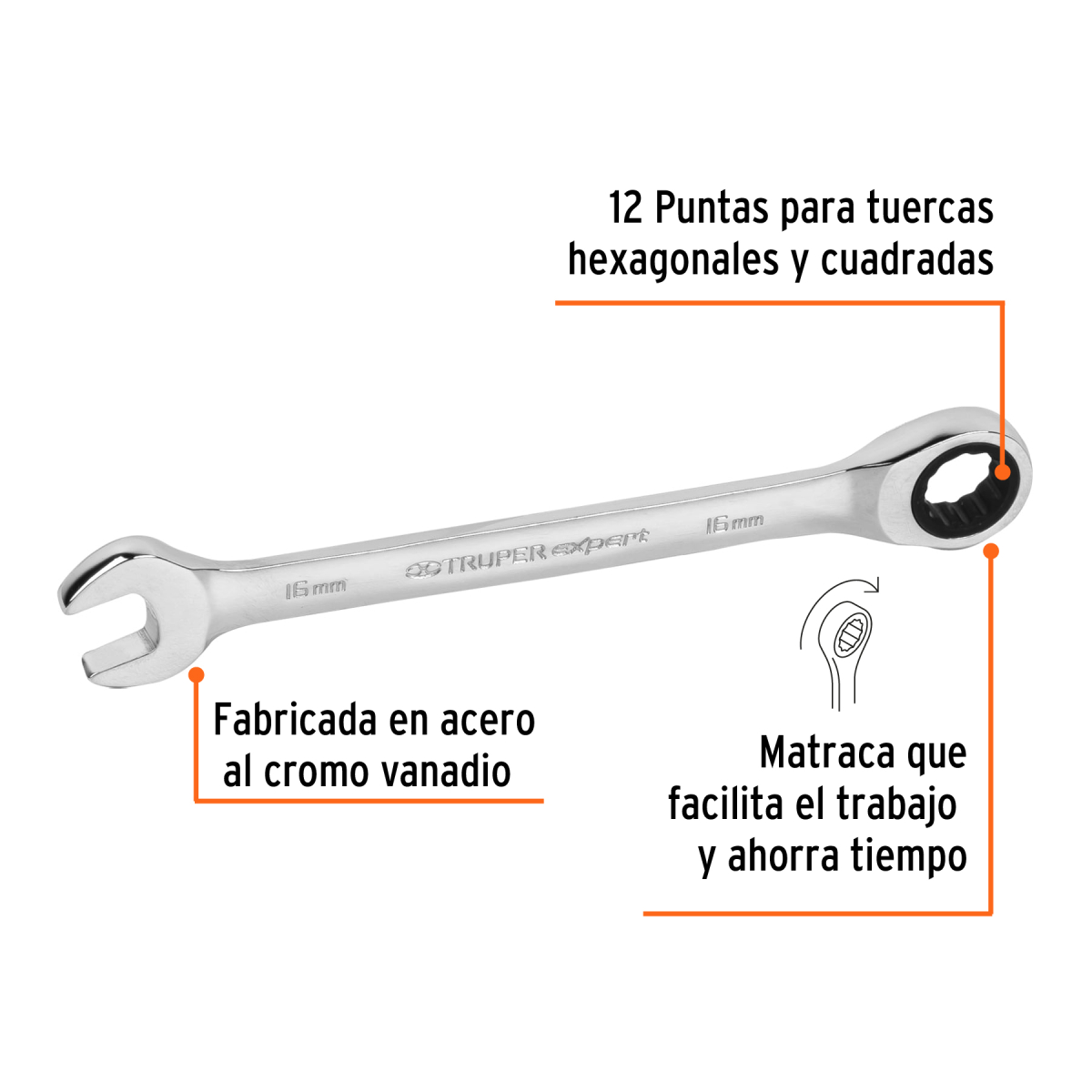LLAVE COMBINADA CON RATCHET 16 MM X 202 MM DE LARGO TRUPER EXPERT - Imagen 2