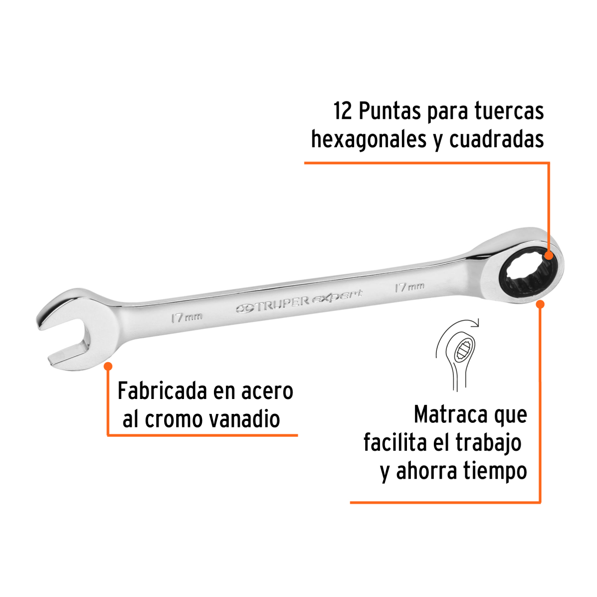 LLAVE COMBINADA CON RATCHET 17 MM X 218 MM DE LARGO TRUPER EXPERT - Imagen 2