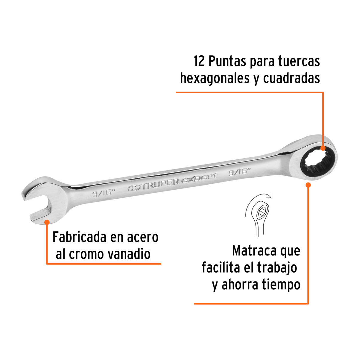 LLAVE COMBINADA CON RATCHET 9/16" X 185 MM DE LARGO TRUPER EXPERT - Imagen 2
