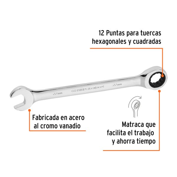 LLAVE COMBINADA CON RATCHET 22 MM X 279 MM DE LARGO TRUPER EXPERT - Imagen 2