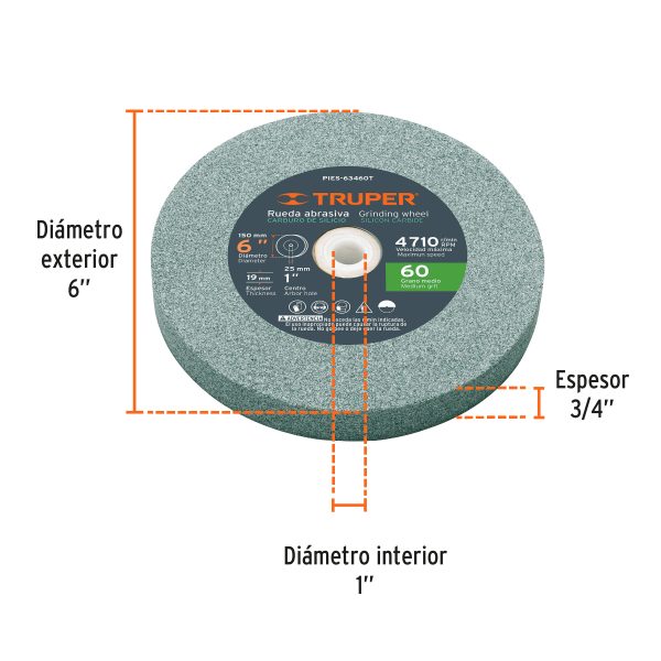 PIEDRA PARA ESMERIL 6" X 3/4" CARBURO DE SILICIO GRANO 60 TRUPER - Imagen 2
