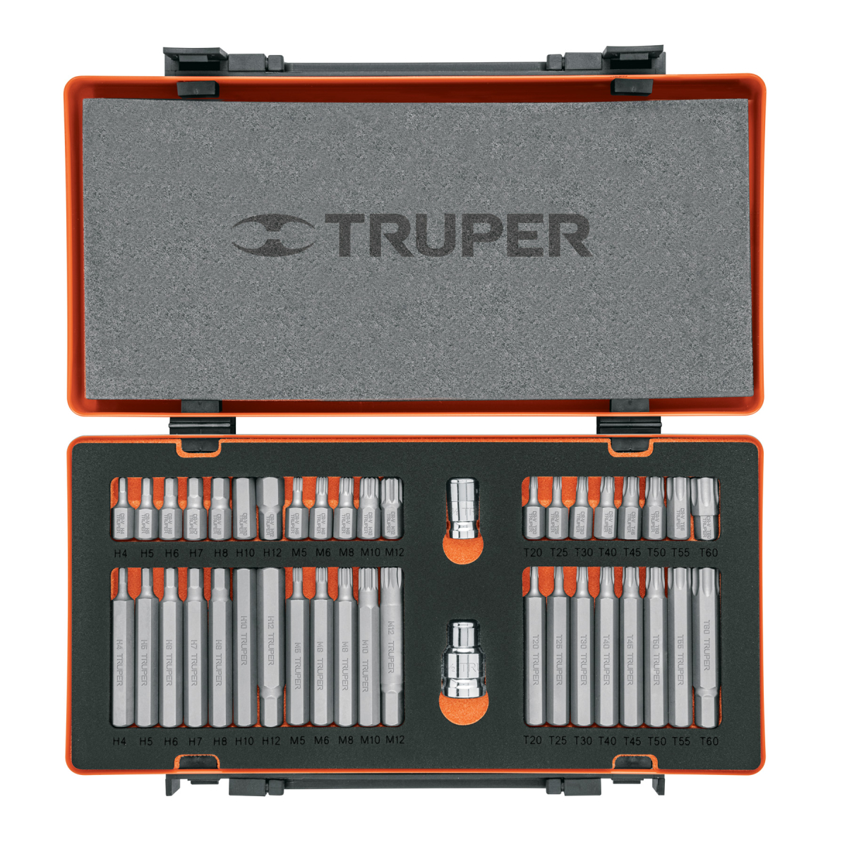 JUEGO 42 PUNTAS 1/2" Y 3/8" DE 75 Y 30 MM ESTUCHE METALICO TRUPER