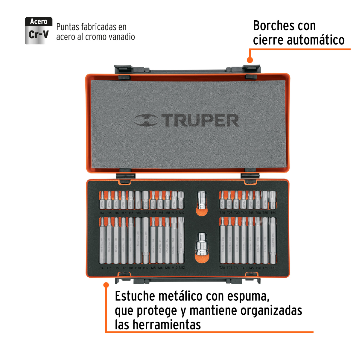 JUEGO 42 PUNTAS 1/2" Y 3/8" DE 75 Y 30 MM ESTUCHE METALICO TRUPER - Imagen 2