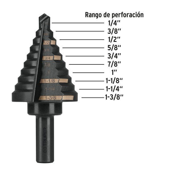 BROCA ESCALONADA OXIDO NEGRO 10 ESCALONES 1/4" A 1-3/8" TRUPER - Imagen 2