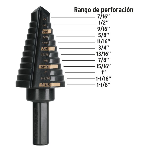 BROCA ESCALONADA OXIDO NEGRO 12 ESCALONES 7/16" A 1-1/8" TRUPER - Imagen 2