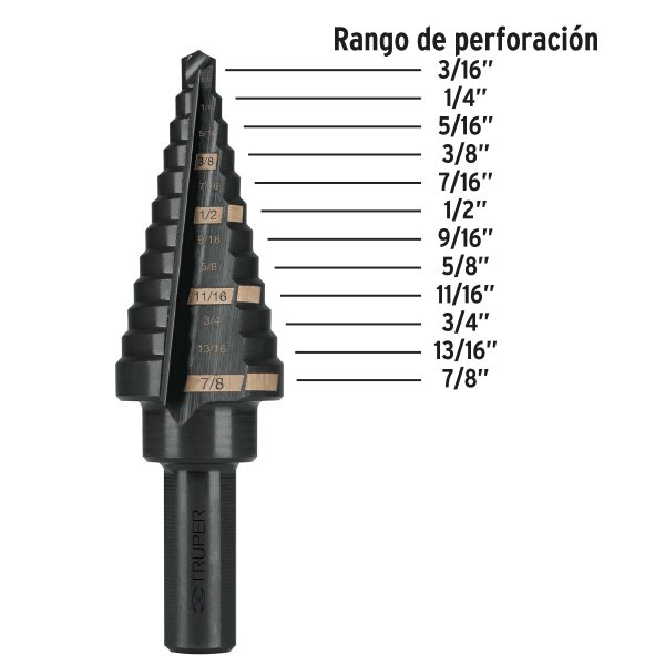 BROCA ESCALONADA OXIDO NEGRO 12 ESCALONES 3/16" A 7/8" TRUPER - Imagen 2
