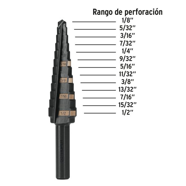 BROCA ESCALONADA OXIDO NEGRO 13 ESCALONES 1/8" A 1/2" TRUPER - Imagen 2