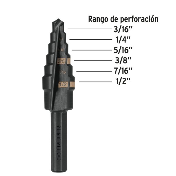 BROCA ESCALONADA OXIDO NEGRO 6 ESCALONES 3/16" A 1/2" TRUPER - Imagen 2