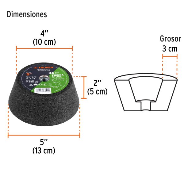 COPA DESBASTE DE PIEDRA 5" GRANO 36, EJE 5/8-11 TRUPER - Imagen 2