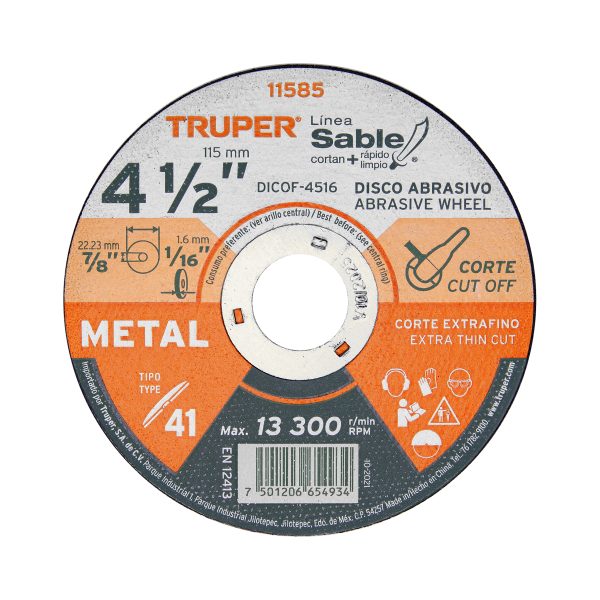 DISCO TIPO 41 DE 4-1/2" X 1.6 MM CORTE FINO DE METAL TRUPER SABLE