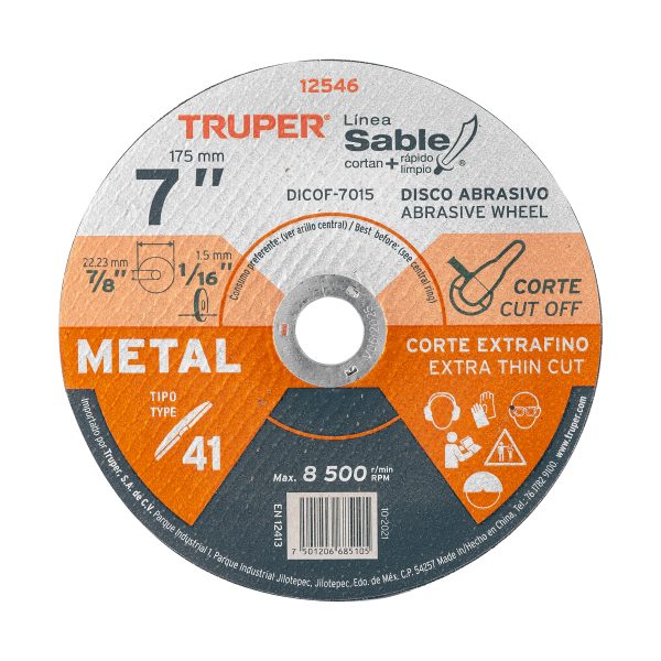 DISCO TIPO 41 DE 7" X 1.5 MM CORTE FINO DE METAL TRUPER SABLE