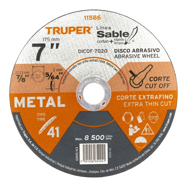 DISCO TIPO 41 DE 7" X 2 MM CORTE FINO DE METAL TRUPER SABLE