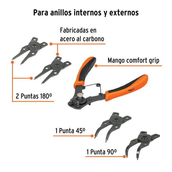 PINZA PARA ANILLOS DE RETENCION 6" 4 CABEZAS INTERCAMBIABLES TRUPER - Imagen 2