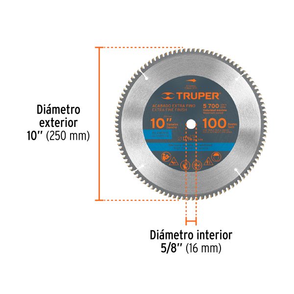 DISCO SIERRA 10" PARA ALUMINIO 100 DIENTES CENTRO 5/8" TRUPER - Imagen 2